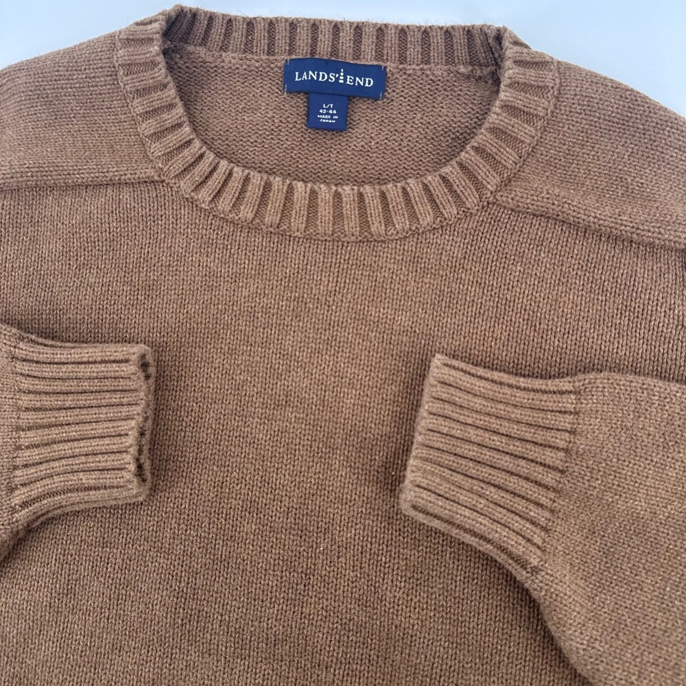Lands End Sweater Mens L/T Brown‎ Made in Japan Crewneck Long Sleeve Knit Preppy